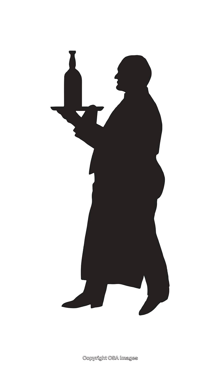 Silhouette of a Waiter Carrying a Tray with a Bottle