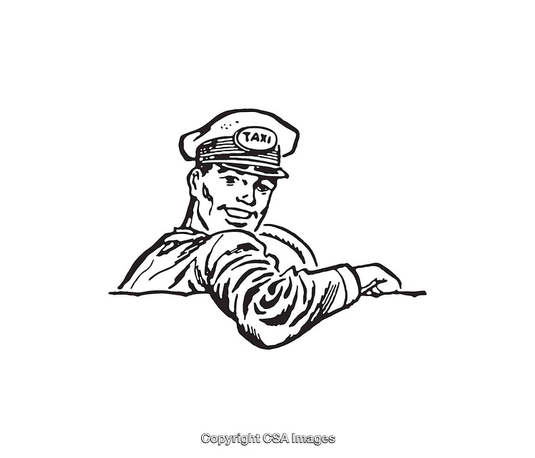 Retro Line Art Illustration of a Smiling Taxi Driver