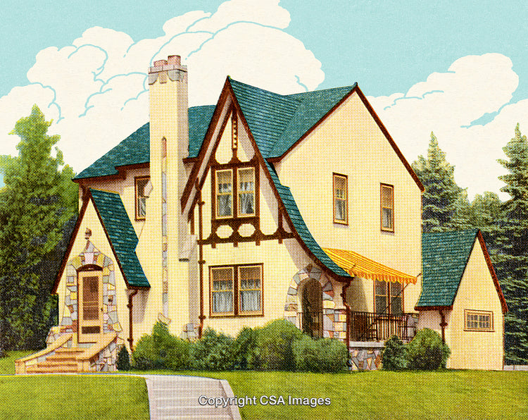 Charming Vintage Illustration of a Cottage-Style Home Amidst Green Landscape