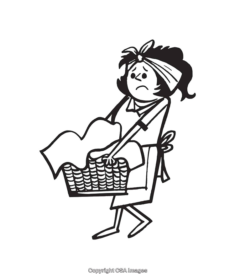 Black and White Line Art Woman Holding Laundry Basket