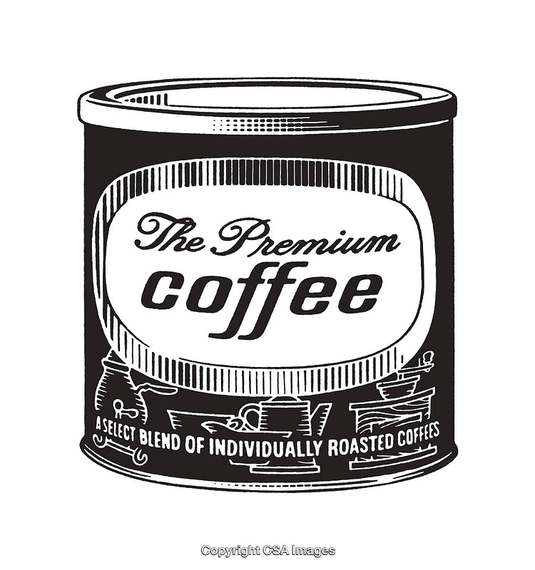 Vintage Black and White Coffee Tin Drawing with Classic Typography