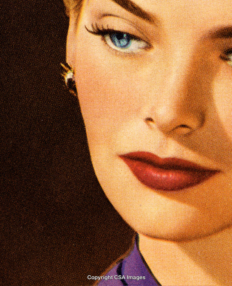 Close-Up of Stylized Woman With Bold Makeup and Blue Eyes in Dot Screen Style