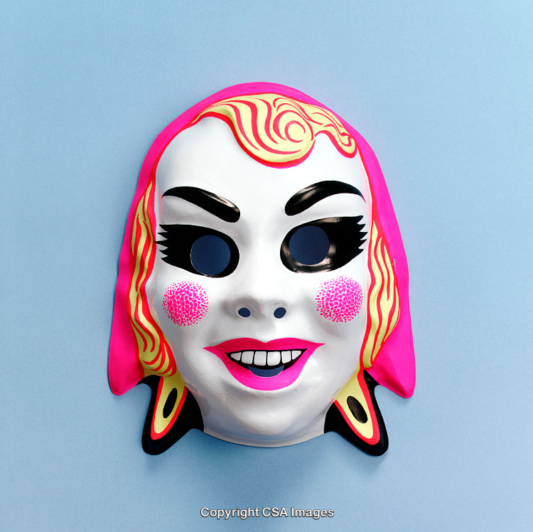 Colorful Vintage-Style Mask With Bold Features On a Pastel Background