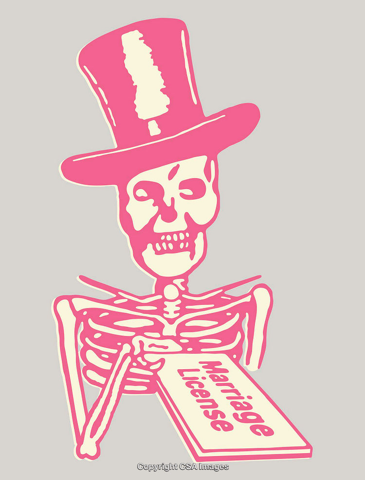 Color Illustration of Skeleton Holding Marriage License in Pink Tint