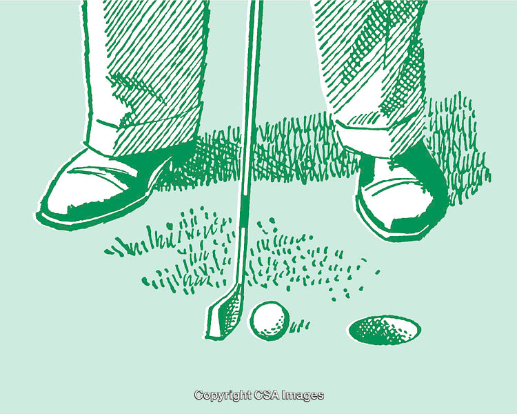 Green Line Art Illustration of a Golf Putter, Ball, and Hole