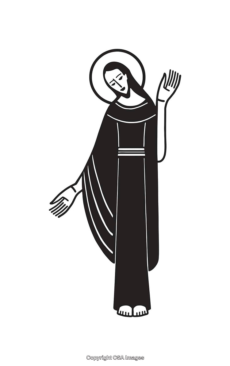 Black and White Line Art of a Religious Figure in Simple Pose