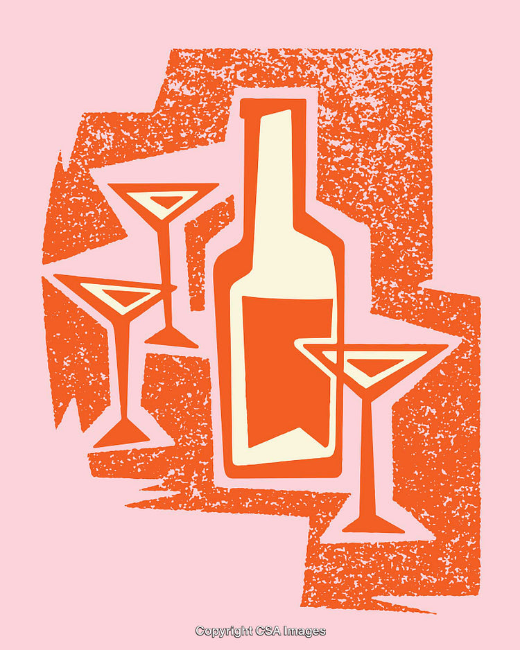 Colorful Illustration of a Bottle and Cocktail Glasses on a Textured Background