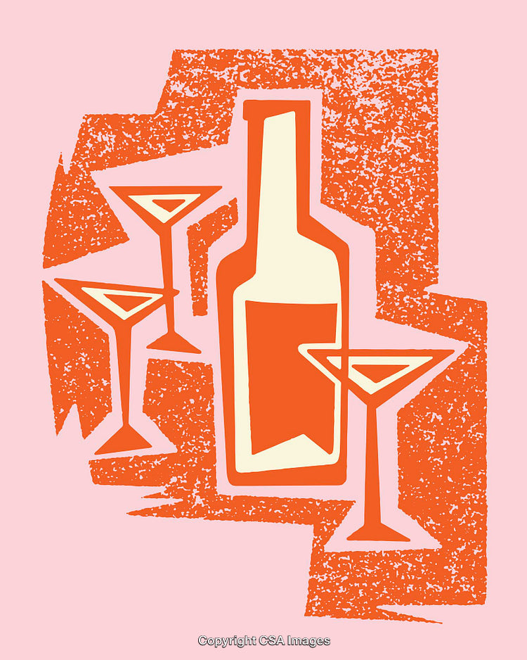 Colorful Illustration of a Bottle and Cocktail Glasses on a Textured Background