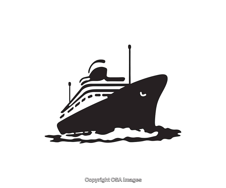 Black and White Illustration of a Cruise Ship on Calm Waters