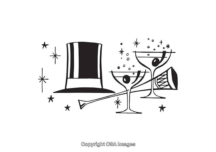 Elegant Line Art Illustration Featuring New Year's Celebration Items