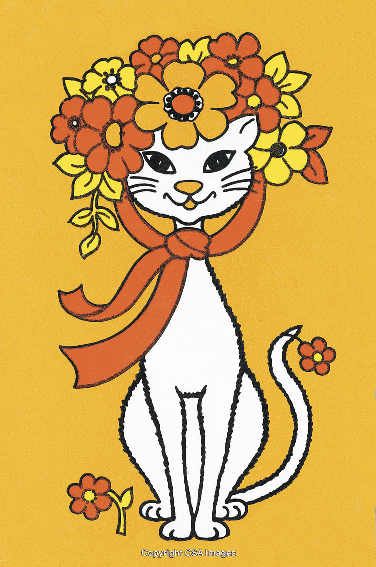 Whimsical Illustration of a White Cat Wearing a Floral Crown and Red Scarf