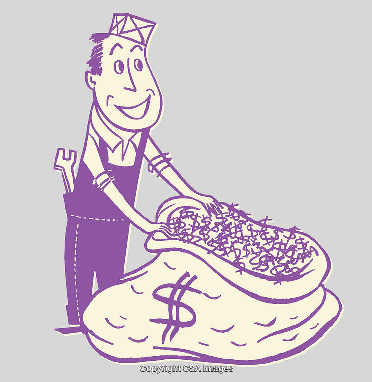 Illustration of a Worker Joyfully Securing Money in a Large Money Bag