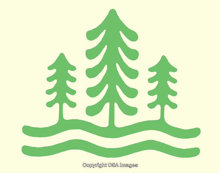 Green Tree Line Art Illustration with Minimalistic Waves on Light Background