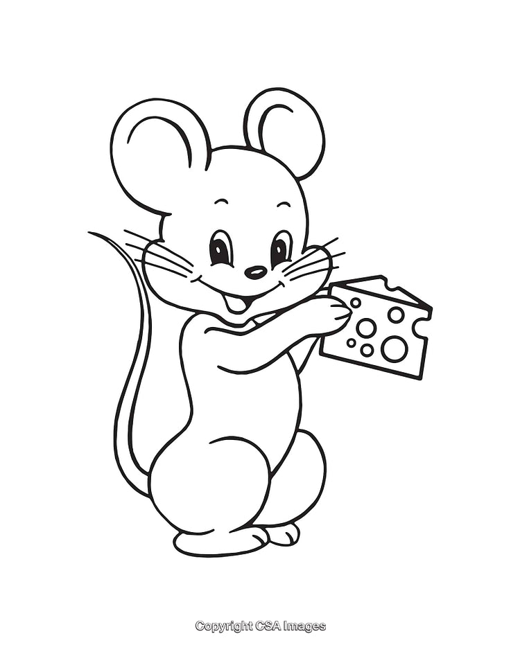 Black and White Line Art of a Cute Mouse Holding Cheese