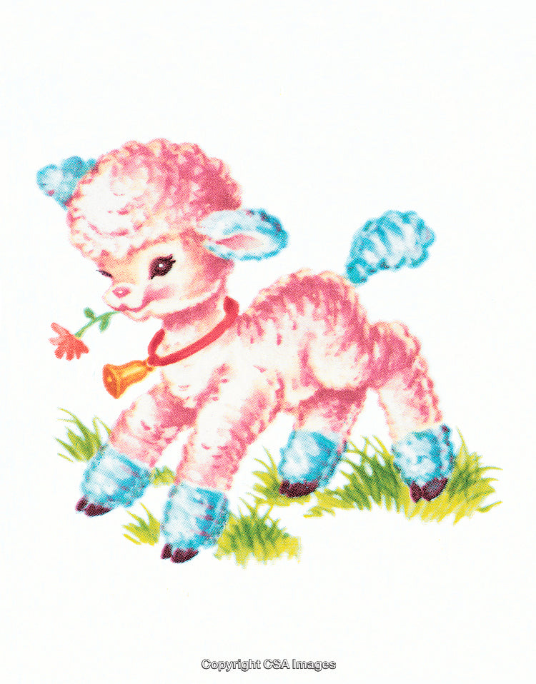 Adorable Lamb Illustration with Flower and Bell in a Pastoral Setting