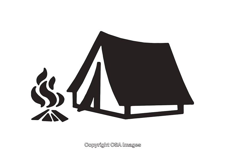 Black and White Line Art of a Tent and Campfire Illustration
