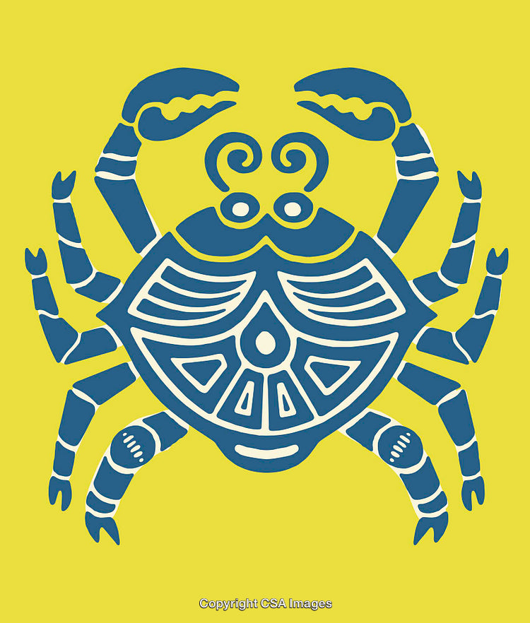 Yellow Background Line Art Illustration of a Blue Decorative Crab