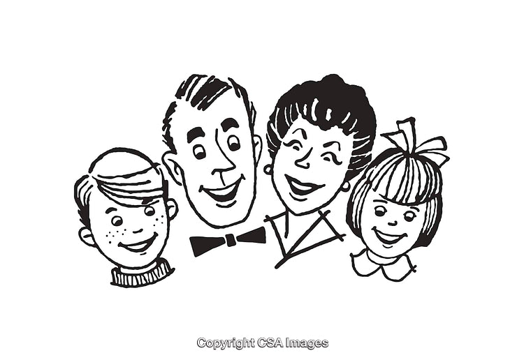 Black and White Line Art Illustration of a Smiling Happy Family Portrait