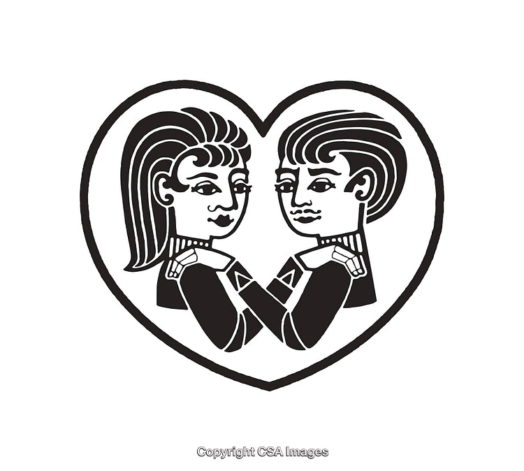 Black And White Line Art Illustration of Two Figures Embracing in a Heart