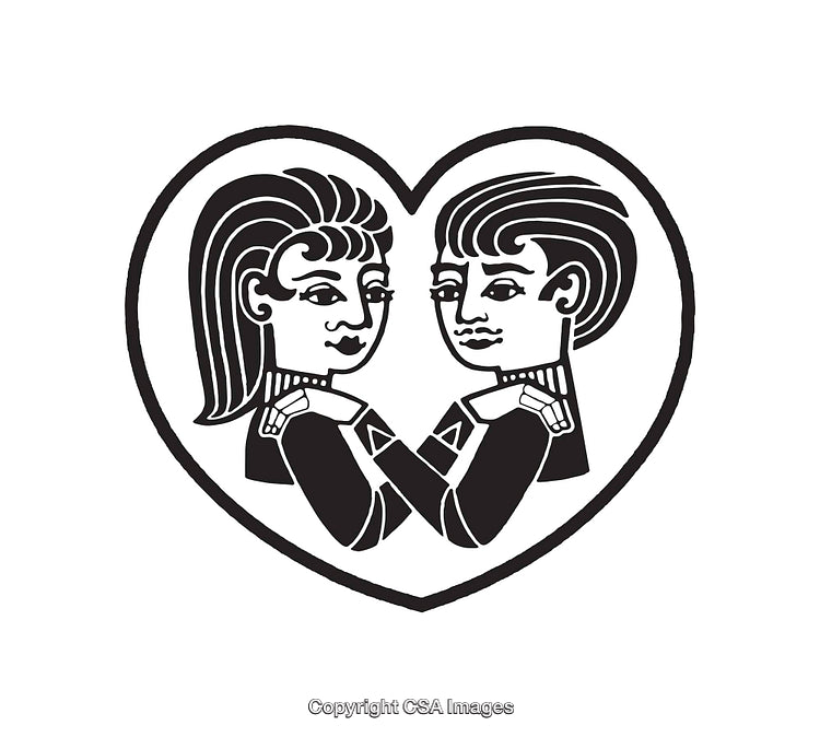 Black And White Line Art Illustration of Two Figures Embracing in a Heart