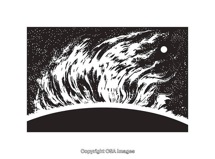 Black and White Illustration of a Solar Flare with a Textured Background