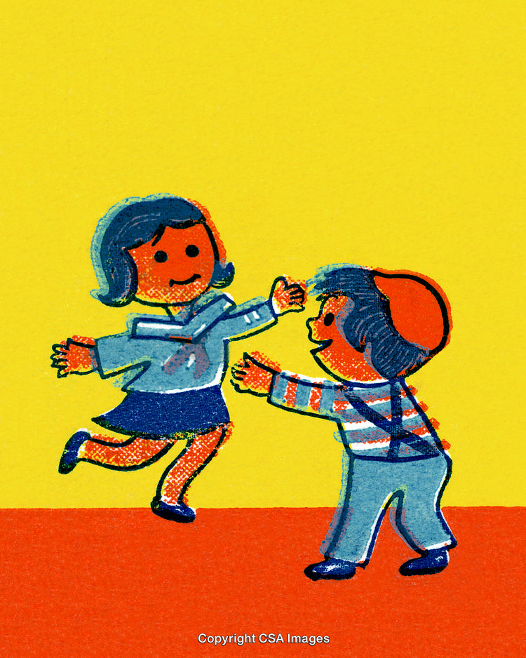 Illustration of Two Happy Children Playing Together on Vibrant Background