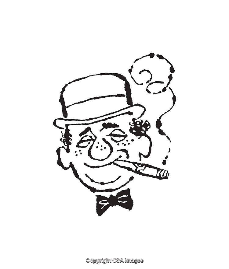 Black and White Line Art of a Man Enjoying a Cigar with Smile