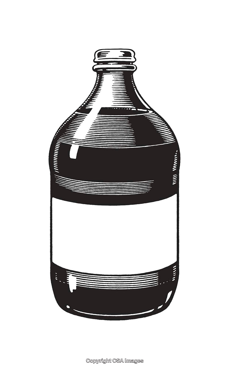 Black and White Line Art Illustration of a Bottle with Blank Label