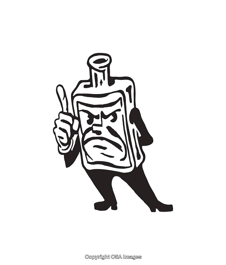 Black And White Illustration Of A Serious Anthropomorphic Bottle Character