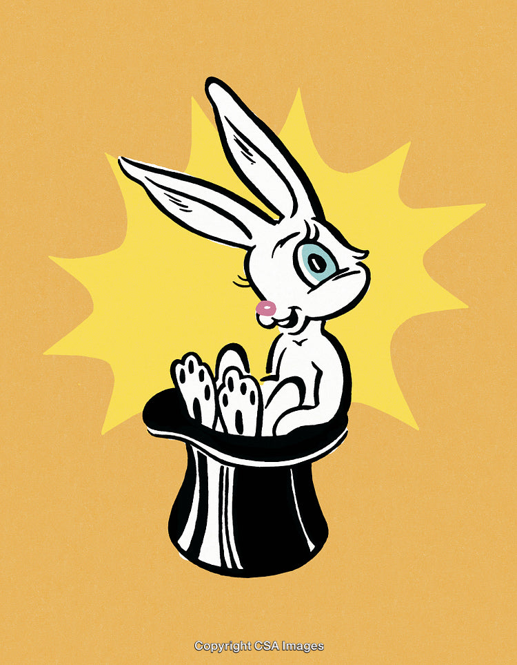 Cartoon White Rabbit Jumping from a Black Magician's Hat