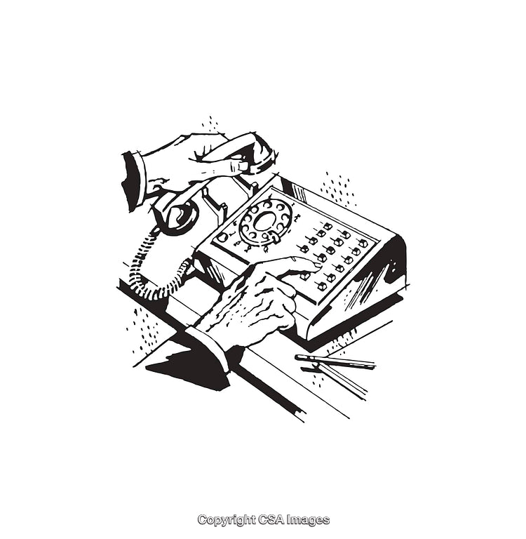 Vintage Black and White Illustration of Rotary Phone Usage