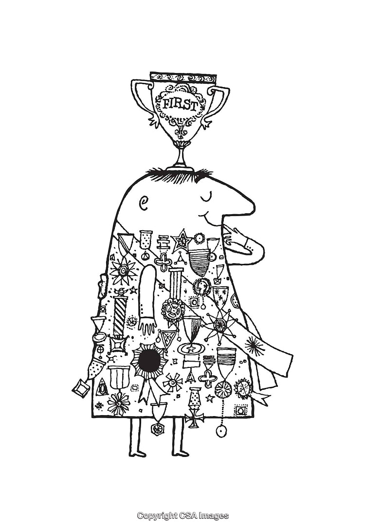 Detailed Line Art Illustration of a Trophy and Decorated Character