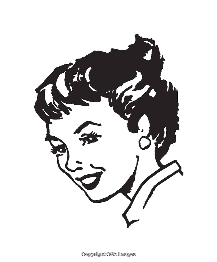 Retro Black-and-White Line Art Illustration of a Smiling Woman