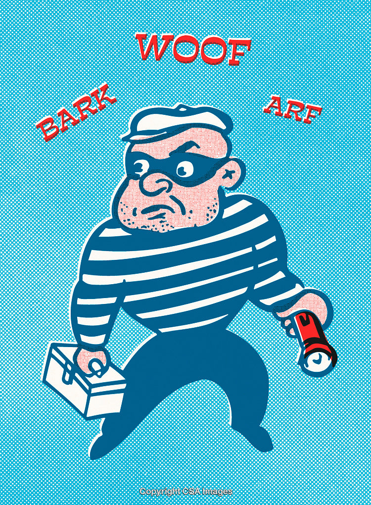 Cartoon Art of a Burglar Holding a Toolbox on a Blue Background