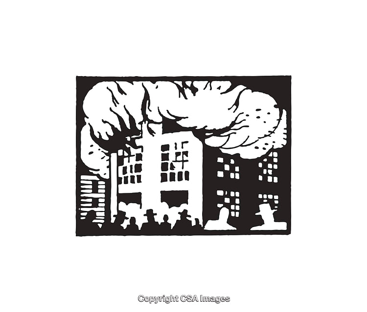 Black and White Line Art Illustration of a Building with Smoke
