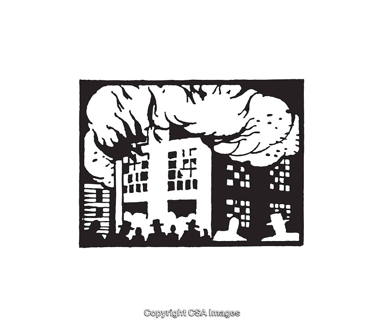 Black and White Line Art Illustration of a Building with Smoke