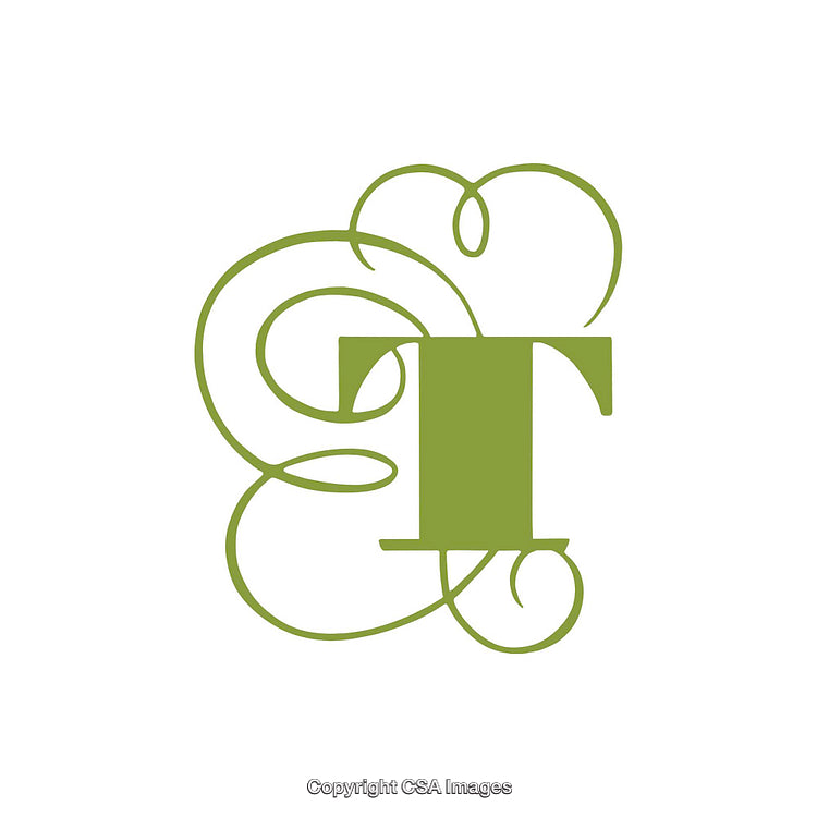 Elegant Green Monogram Letter T with Decorative Swirls on White Background