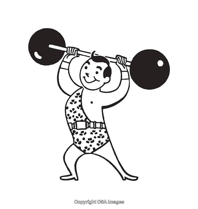 Vintage Line Art Style Cartoon Strongman Lifting Weights in Leopard Print Outfit