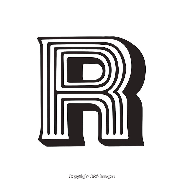 Stylized Black and White Letter R with Line Art Design