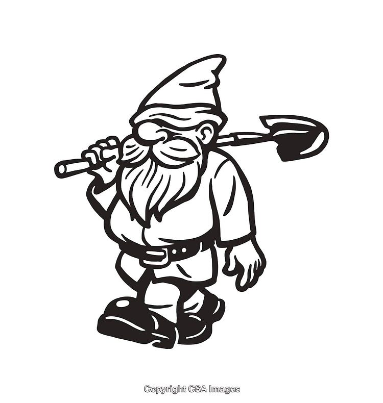 Black and White Line Drawing of a Garden Gnome Carrying a Shovel