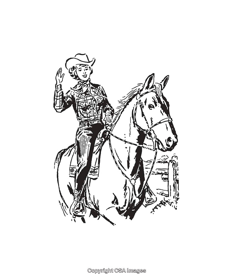 Black and White Line Art of Cowgirl Riding a Horse in Western Setting