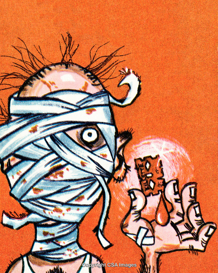 Surreal Illustration of a Wrapped Figure Holding a Razor Blade Against an Orange Background