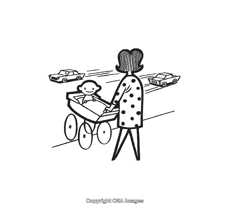 Black and White Illustration of a Parent Pushing Baby in Stroller