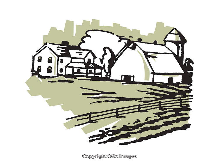 Rustic Farmhouse Illustration Depicting Countryside Scenery in Black and Green
