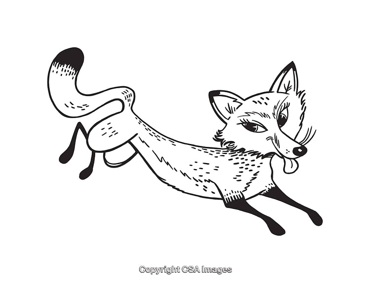 Whimsical Black and White Line Art Illustration of a Playful Fox