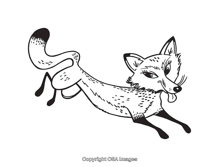Whimsical Black and White Line Art Illustration of a Playful Fox