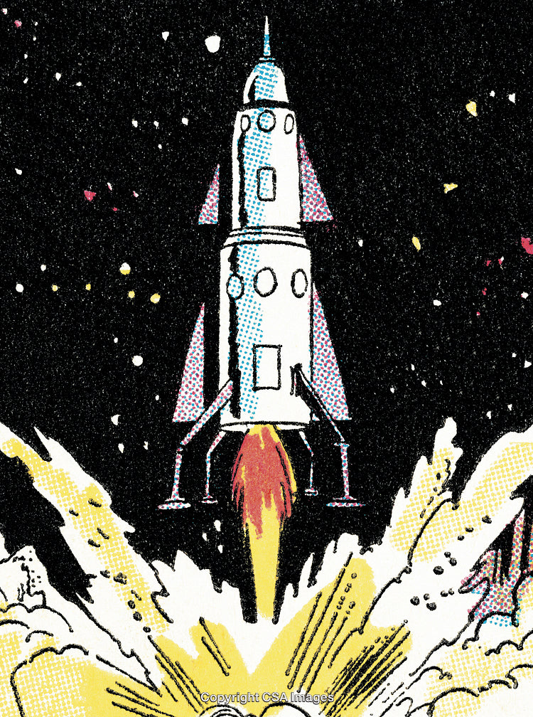 Colorful Comic-Style Spaceship Blasting Into Space Amidst Stars and Explosions