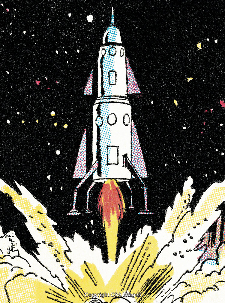 Colorful Comic-Style Spaceship Blasting Into Space Amidst Stars and Explosions