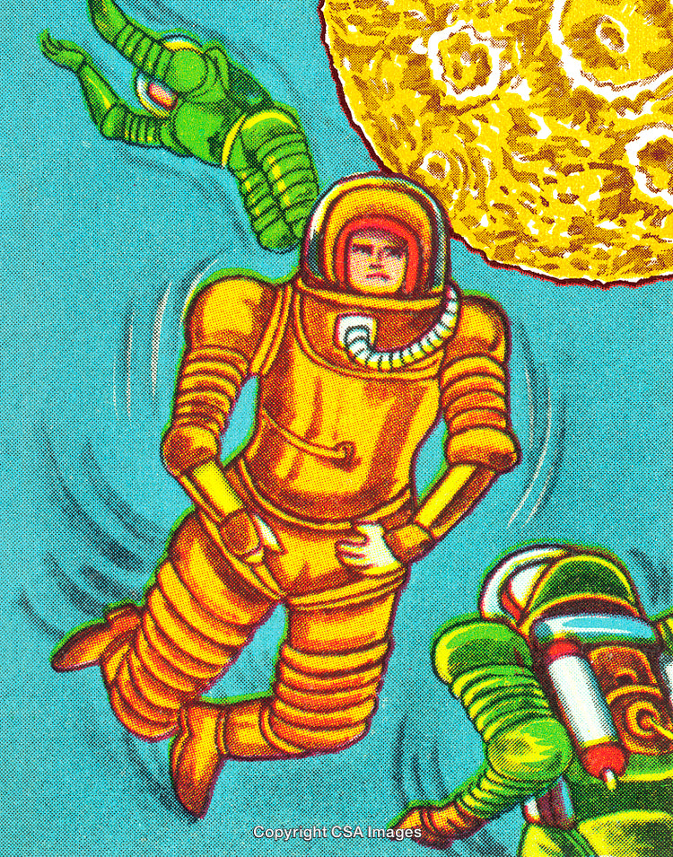 Retro Astronauts Floating in Space Near a Bright Yellow Orb