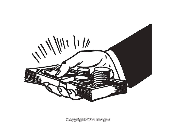 Hand Holding Currency and Coins Depicted in Stylish Line Art